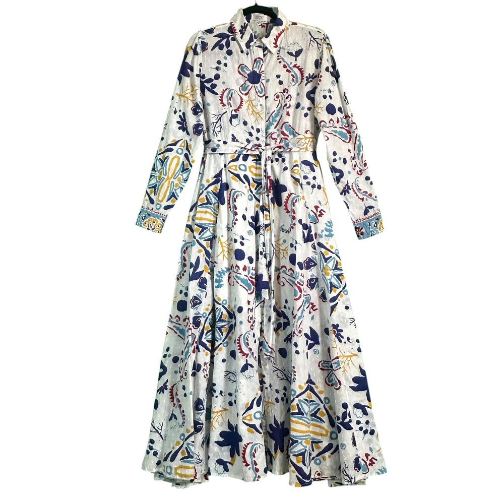 Vintage Ibiza Maxi Shirt Dress Large Cotton Belted Pockets Boho White Multi